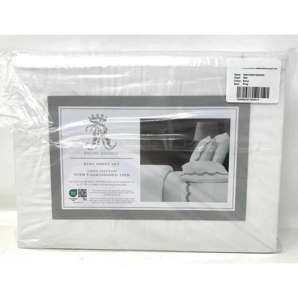 Rachel Ashwell Embroidered Scallop KING Sheet Set NAVY BLUE White 100% Cotton
